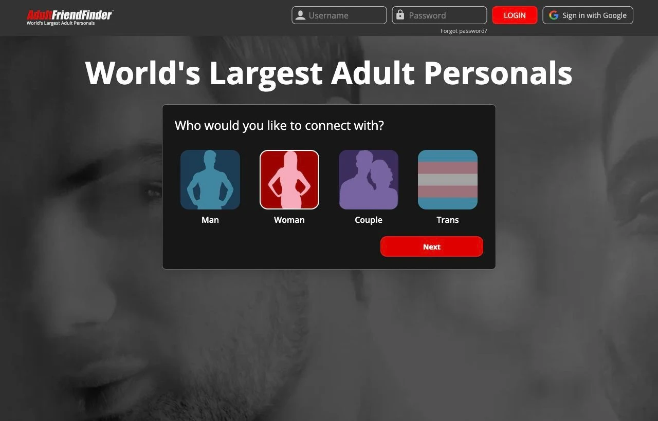 AdultFriendFinder dating site homepage preview