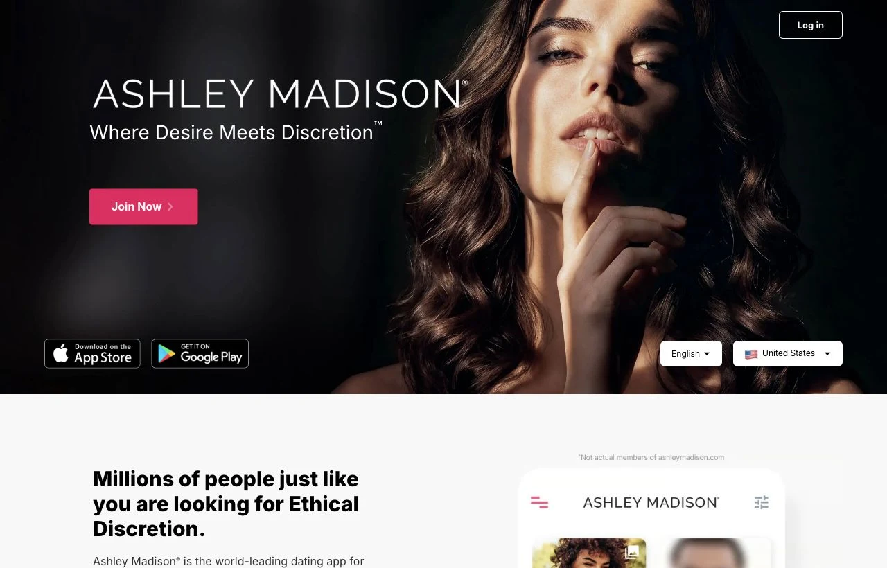 Ashley Madison dating site homepage preview