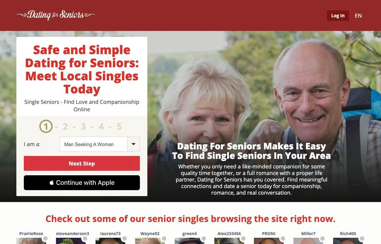 DatingForSeniors mature dating website homepage preview