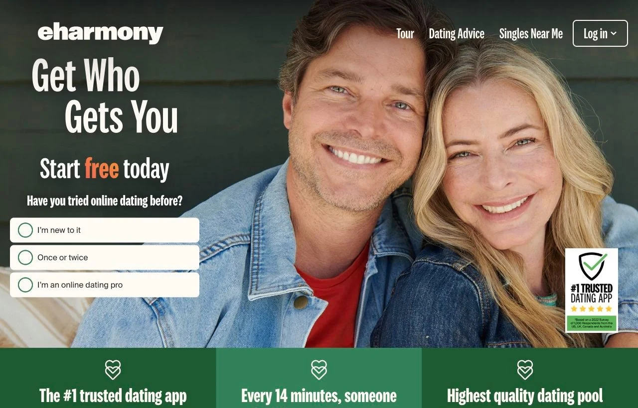 eHarmony serious relationships dating site homepage preview