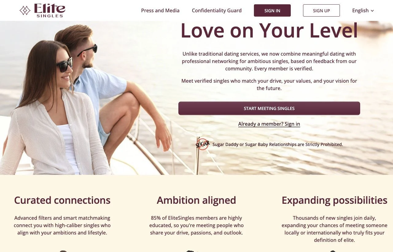 EliteSingles professionals dating site homepage preview