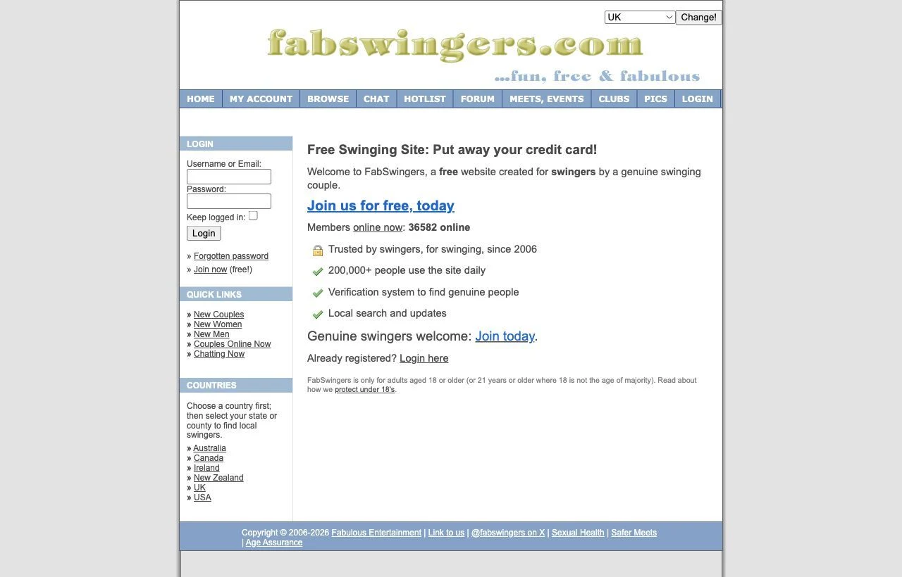 FabSwingers dating site homepage preview