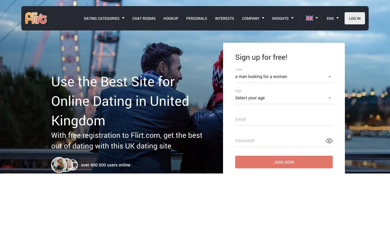 Flirt.com dating site homepage preview