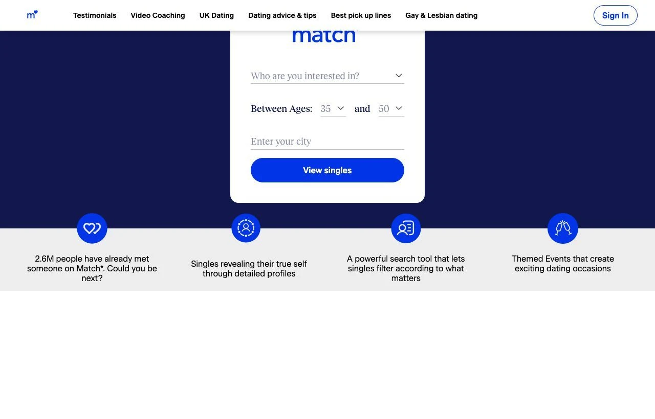 Match UK dating site homepage preview