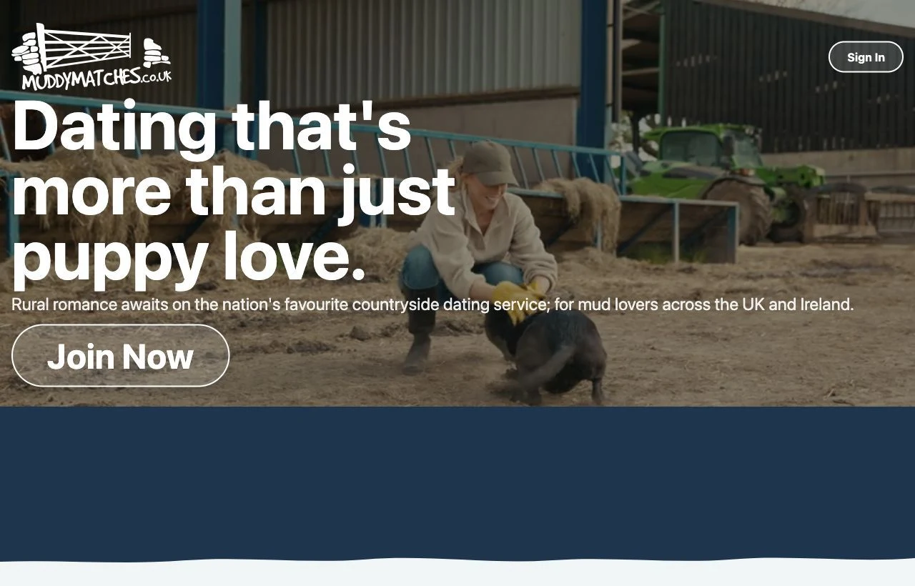 Muddy Matches rural dating site homepage preview for UK singles