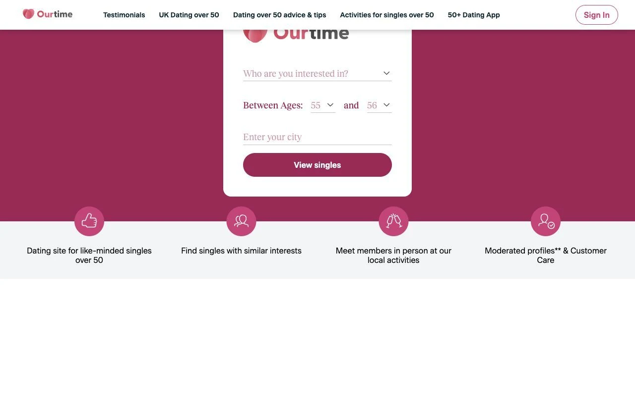 OurTime over 50 dating site homepage preview for UK singles