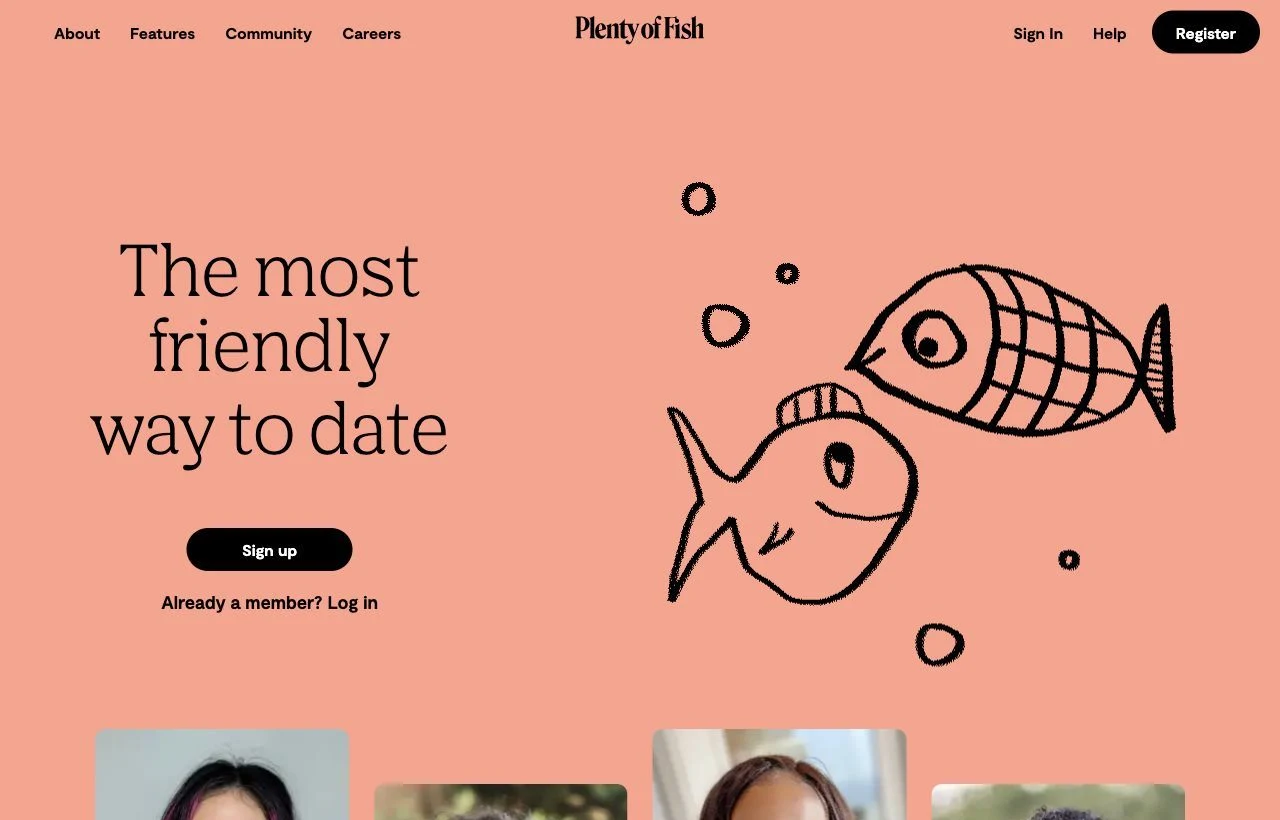 Plenty of Fish dating site homepage preview