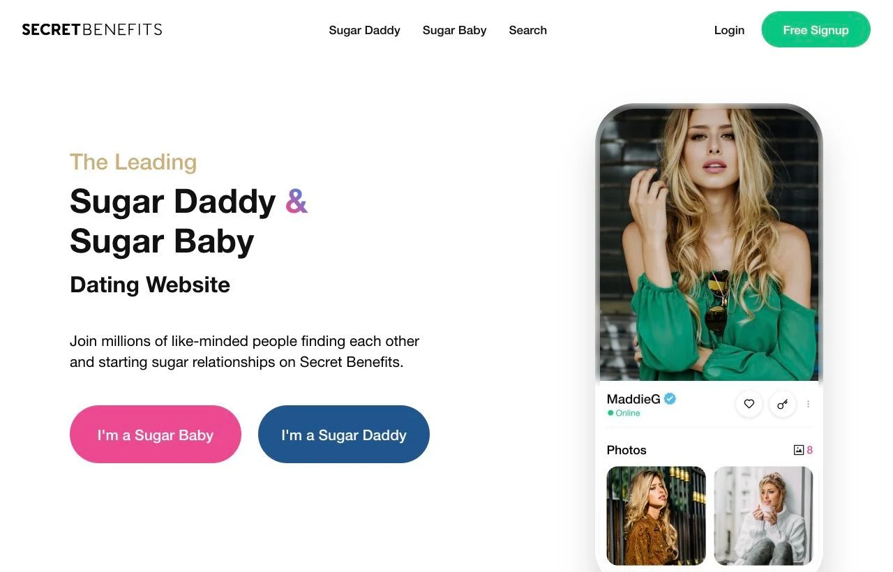 Secret Benefits UK sugar dating website homepage preview