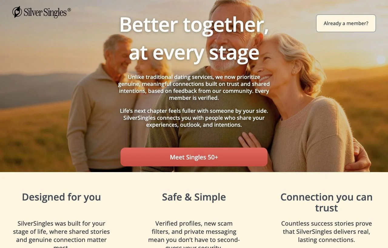 SilverSingles over 50 dating site homepage preview