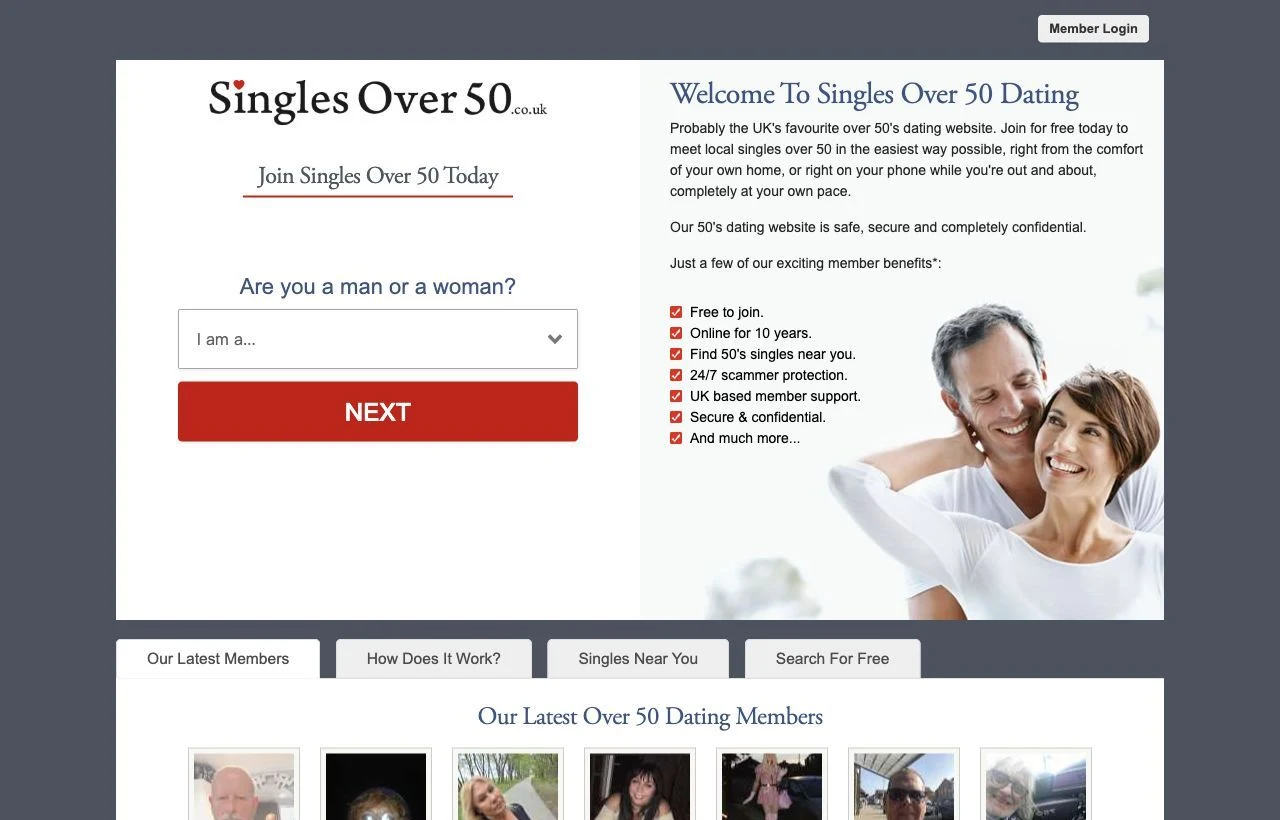Singles Over 50 UK dating site homepage preview