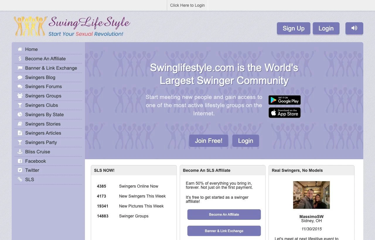 SwingLifestyle dating site homepage preview