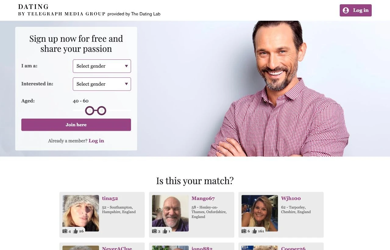 Telegraph Dating mature singles homepage preview