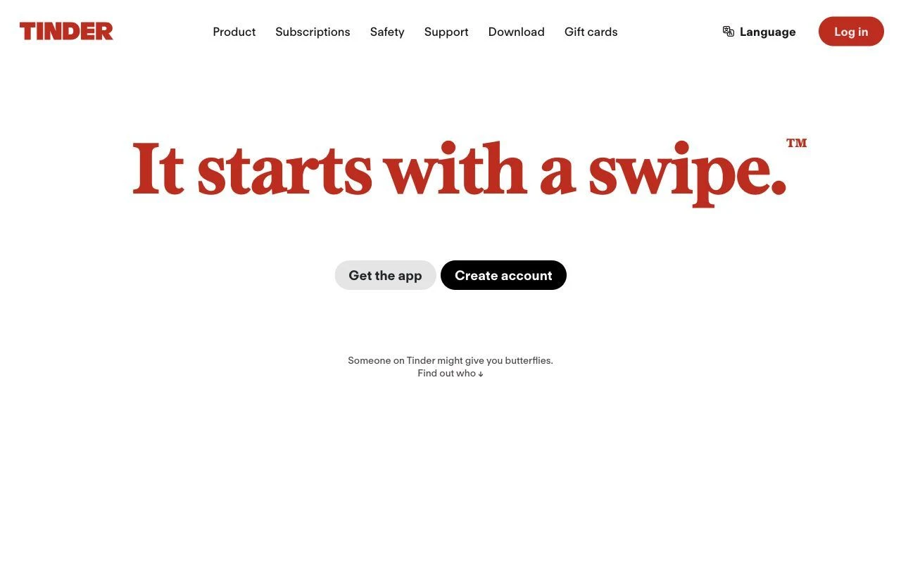 Tinder dating app homepage preview