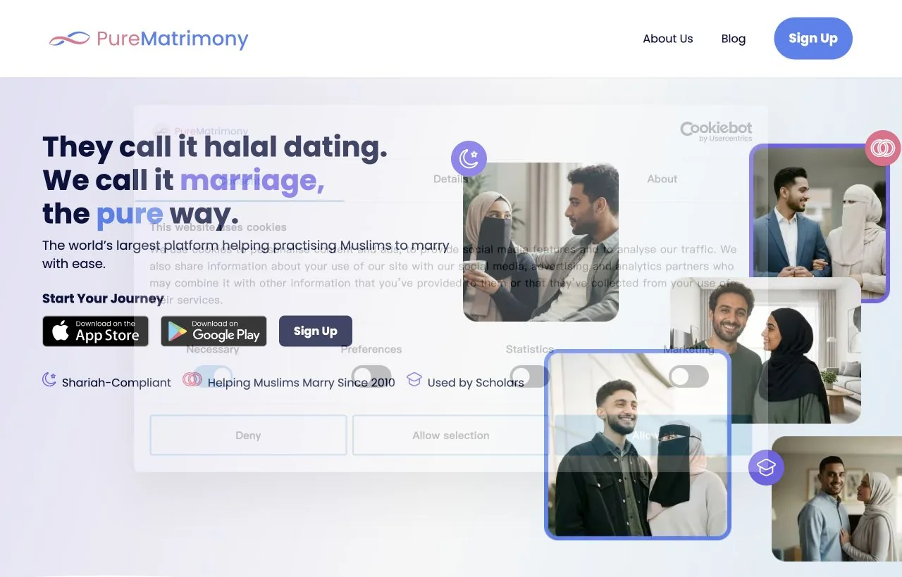 Pure Matrimony homepage preview
