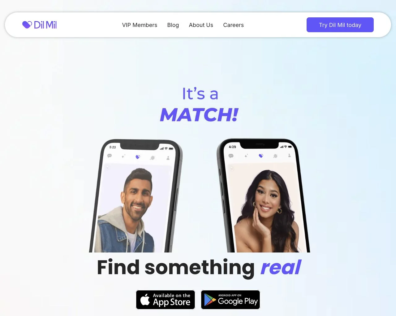 Dil Mil official website with app artwork and App Store and Google Play links