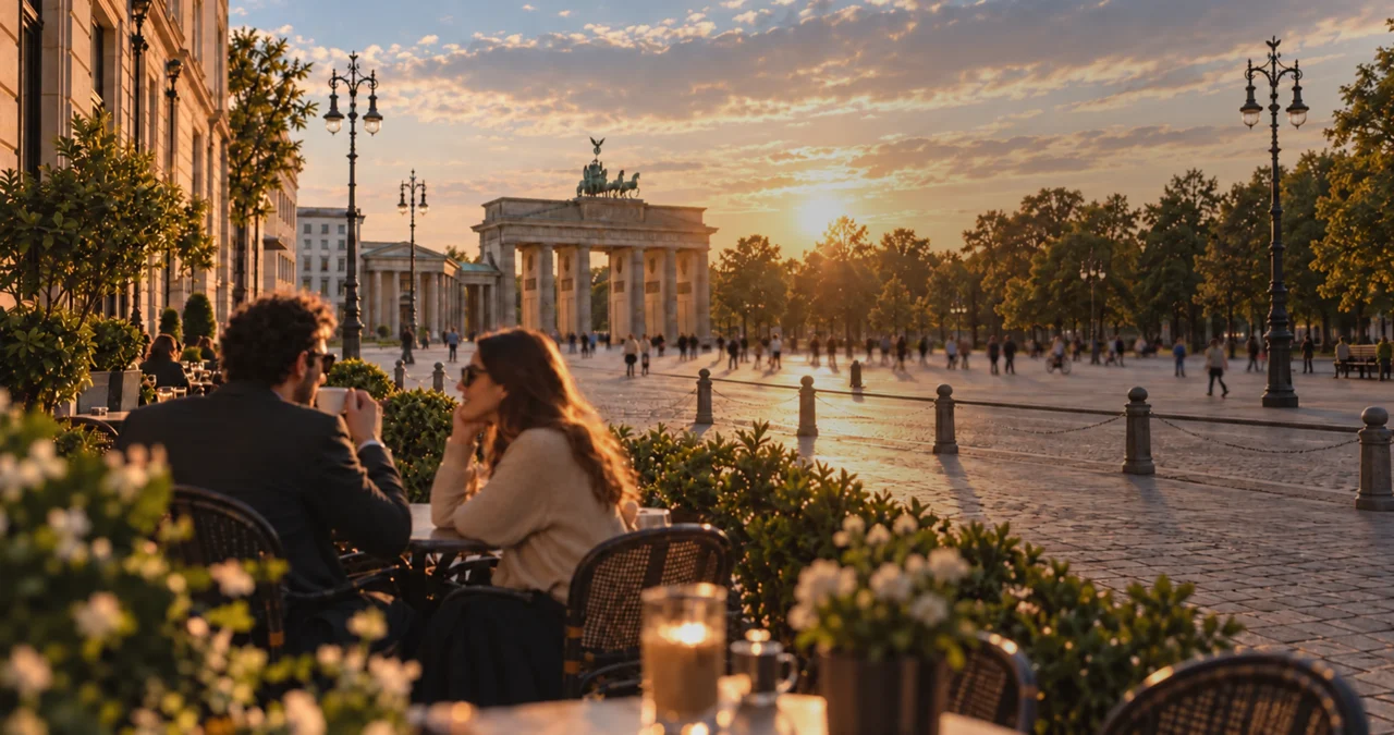 EliteSingles official promotional photograph of a couple at an outdoor café