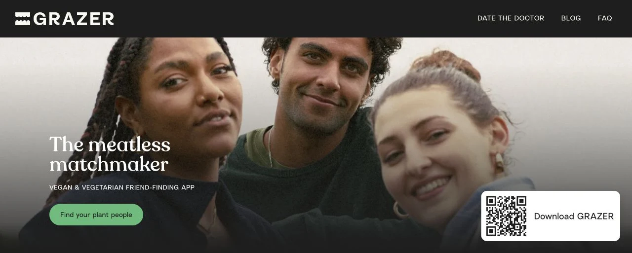 Grazer official website introducing its vegan and vegetarian dating and friendship app