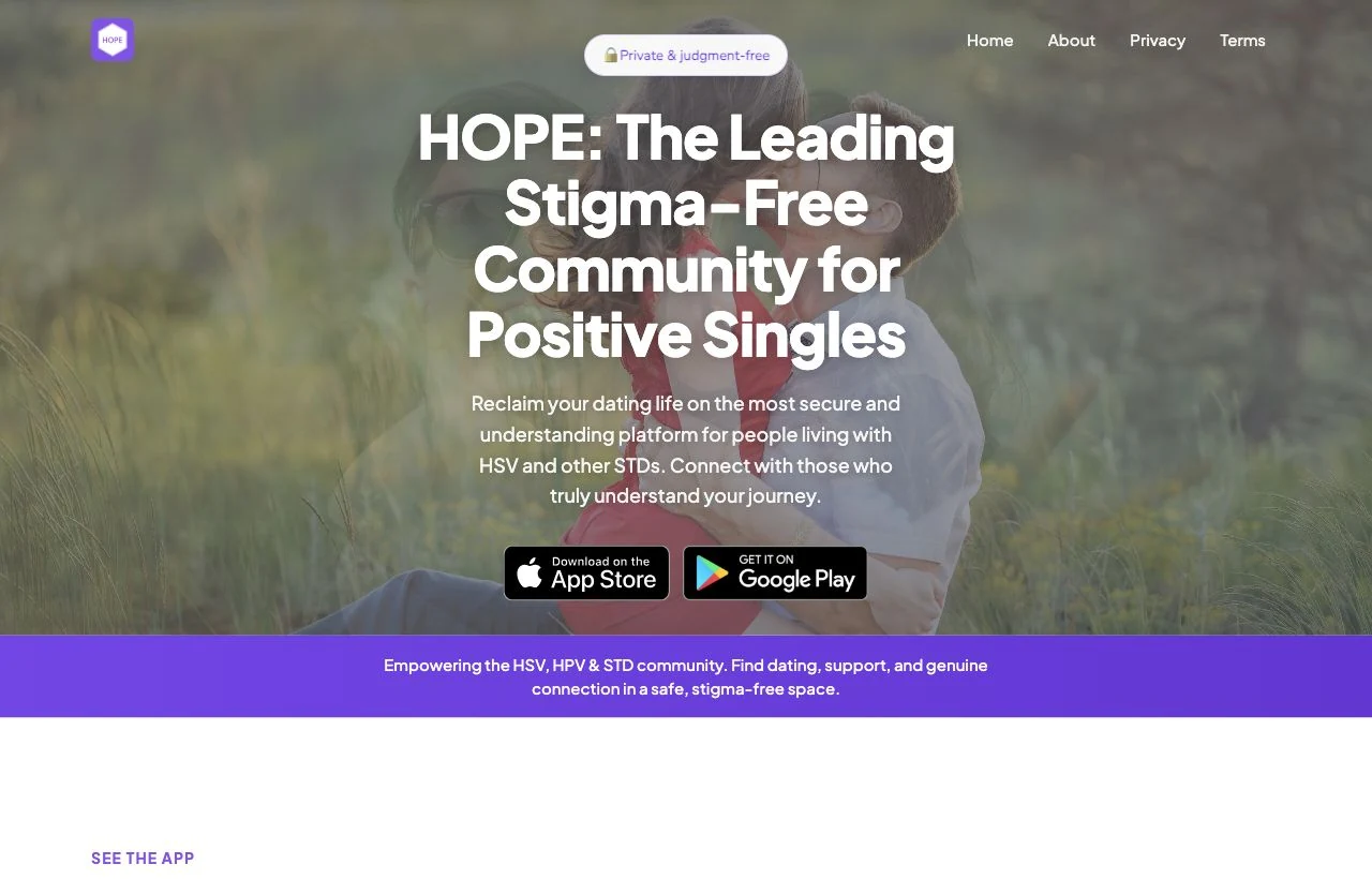 HOPE homepage introducing its STI dating and support app