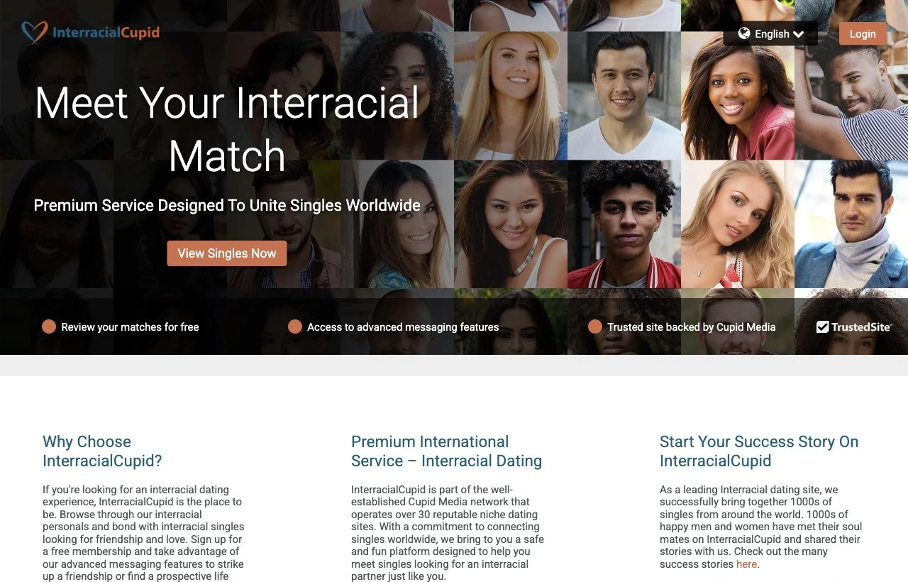 InterracialCupid homepage showing its interracial dating service and profile search introduction