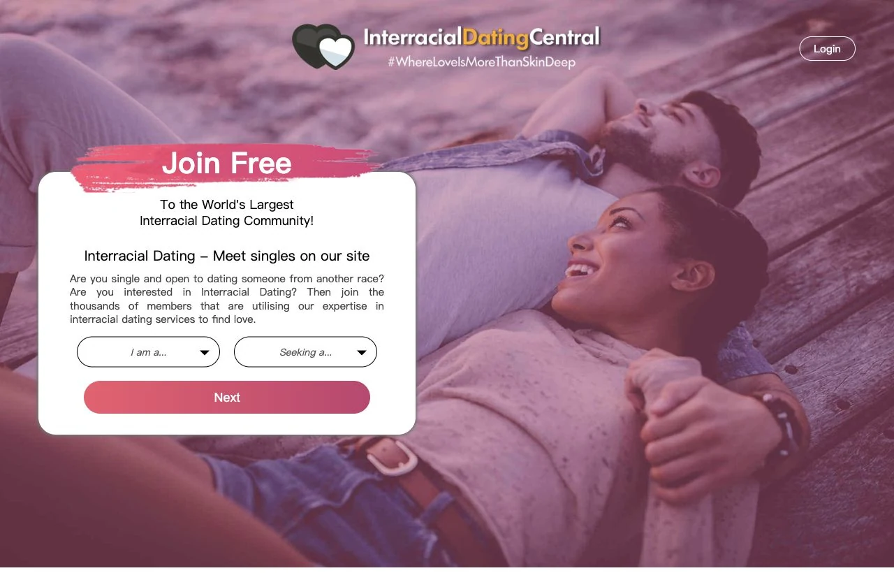 InterracialDatingCentral homepage introducing its interracial dating community and free registration