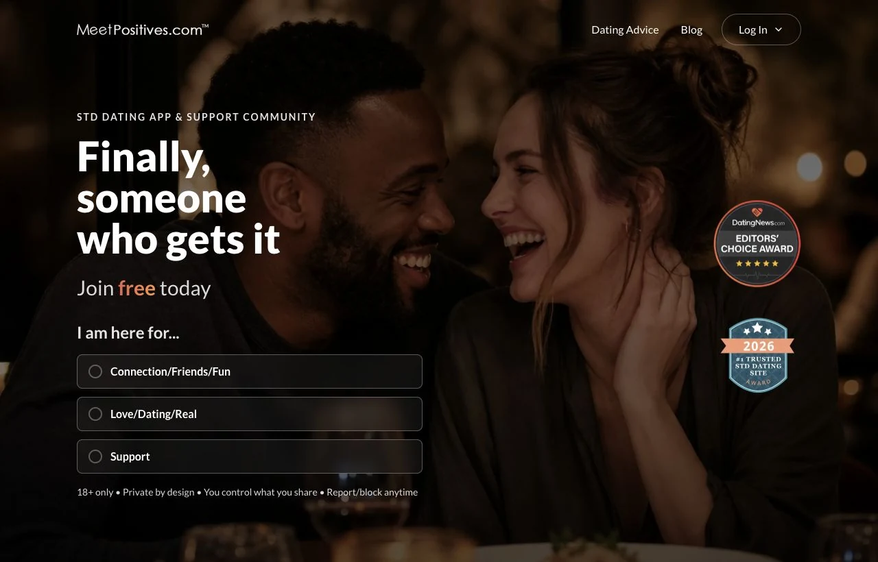 MeetPositives homepage presenting dating and support for people living with STIs