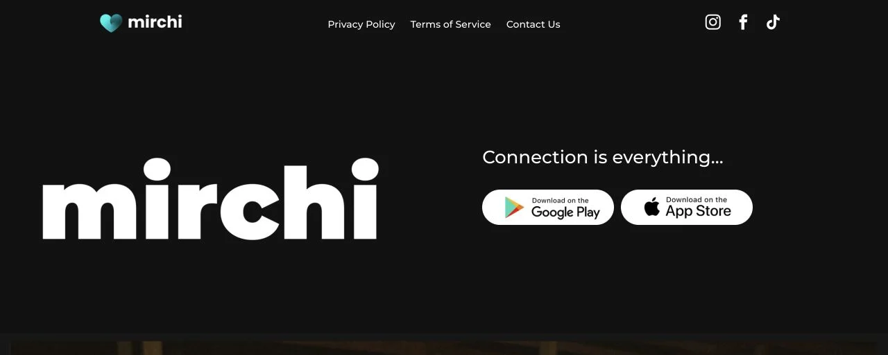 Mirchi official website branding with App Store and Google Play download links