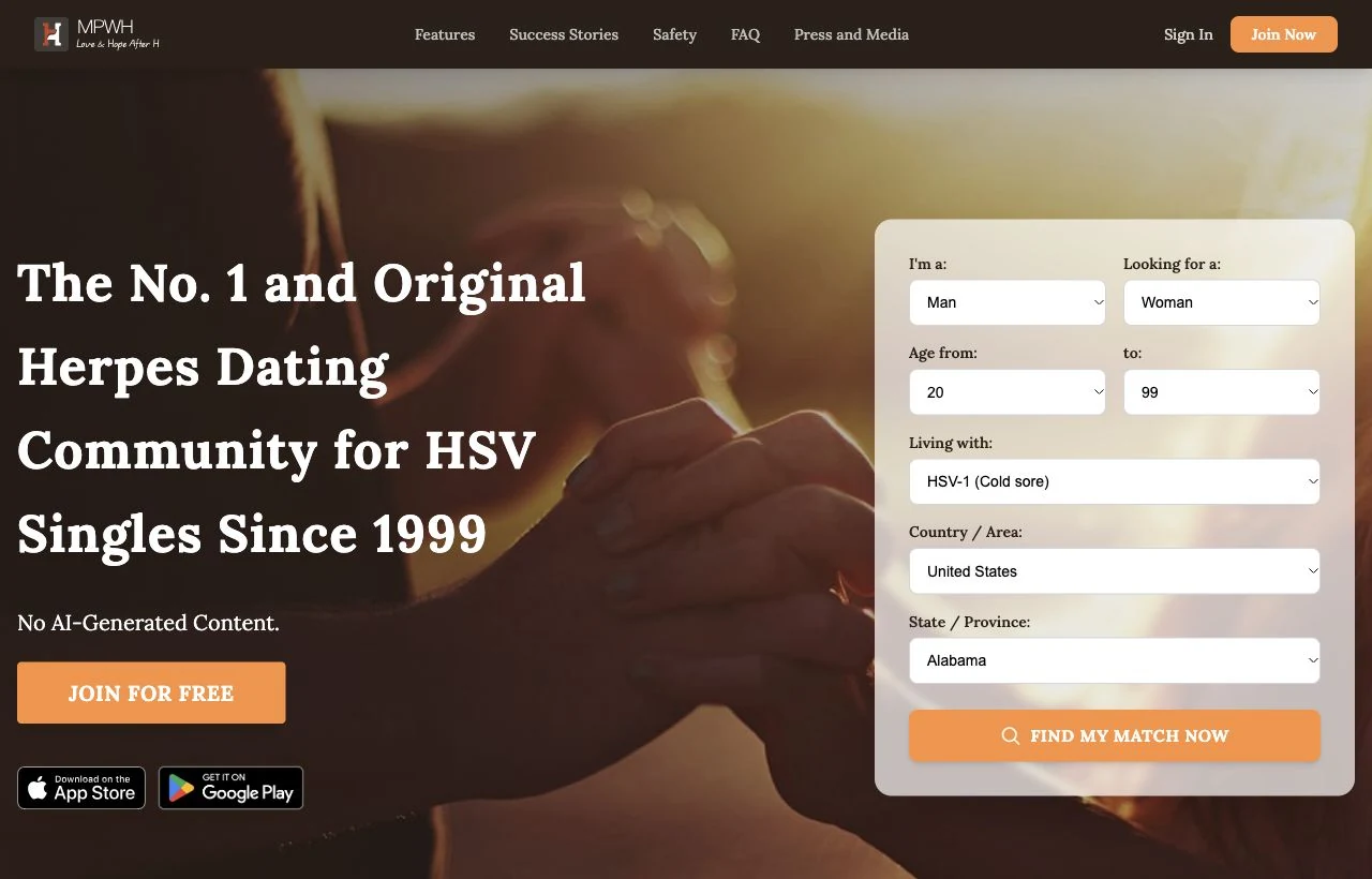 MPWH homepage introducing its HSV dating and community service