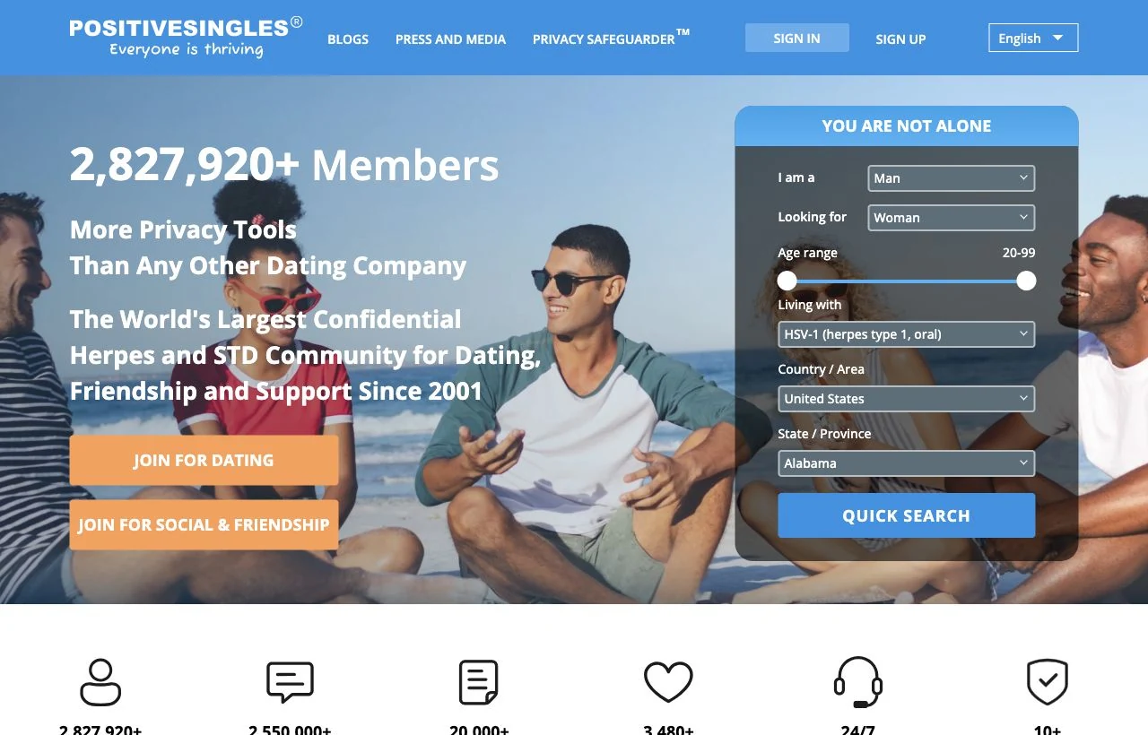 PositiveSingles homepage showing its dating, friendship and support community for people with STIs
