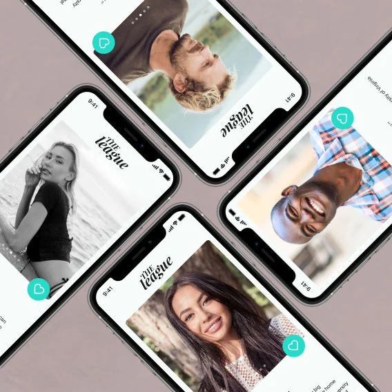 Official The League promotional image showing dating profiles on four phones