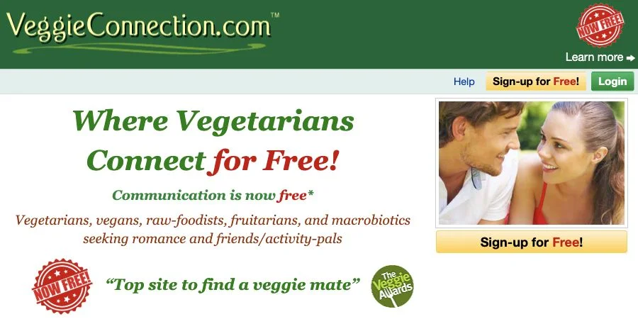 VeggieConnection homepage showing its free communication offer for vegetarian dating and friendship